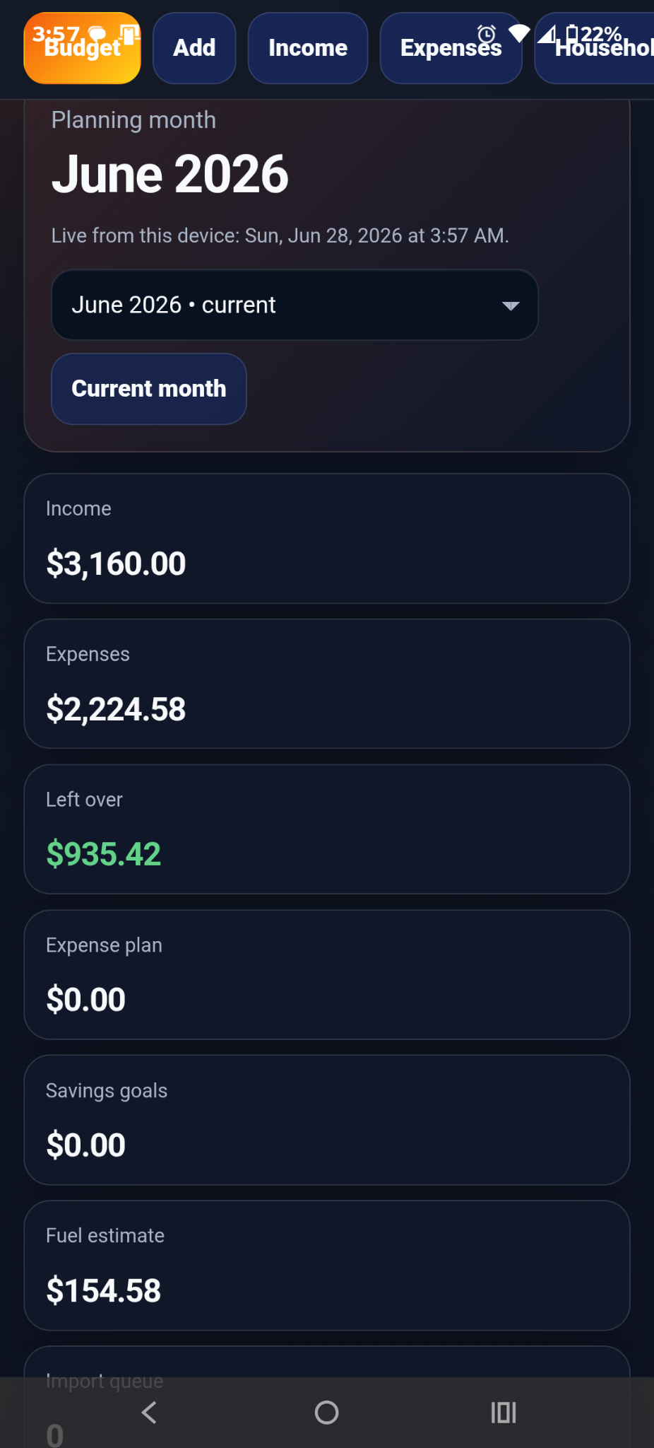 Budget dashboard with income, expenses, and leftover totals