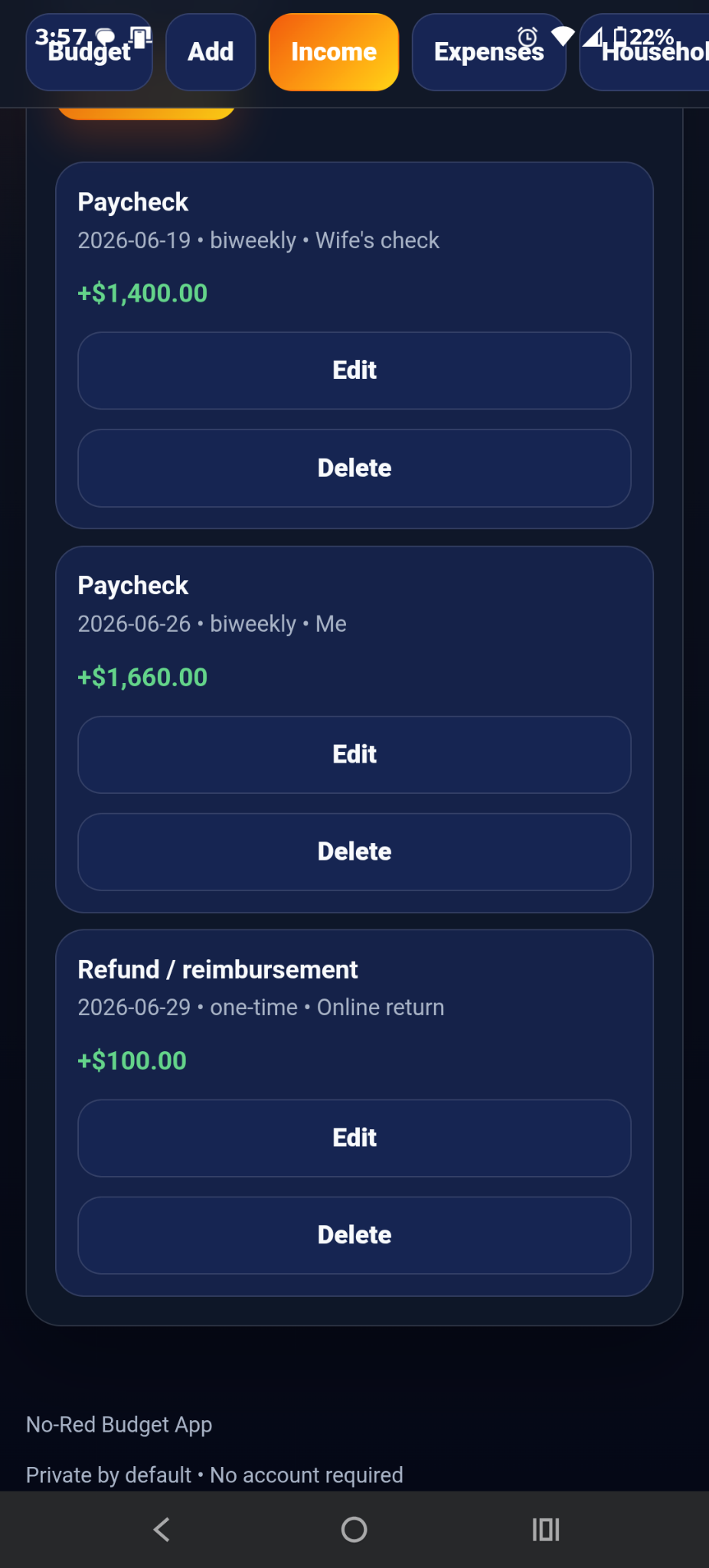 Income list with edit and delete actions