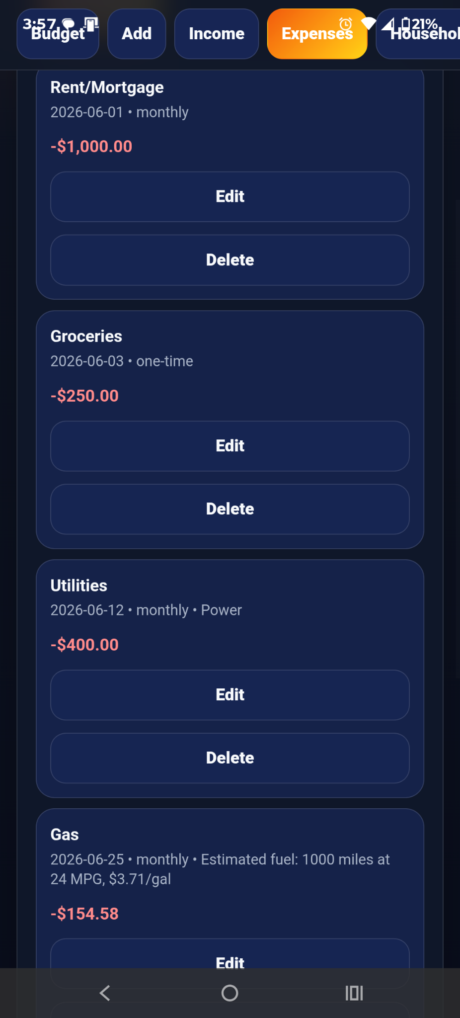 Expenses list view