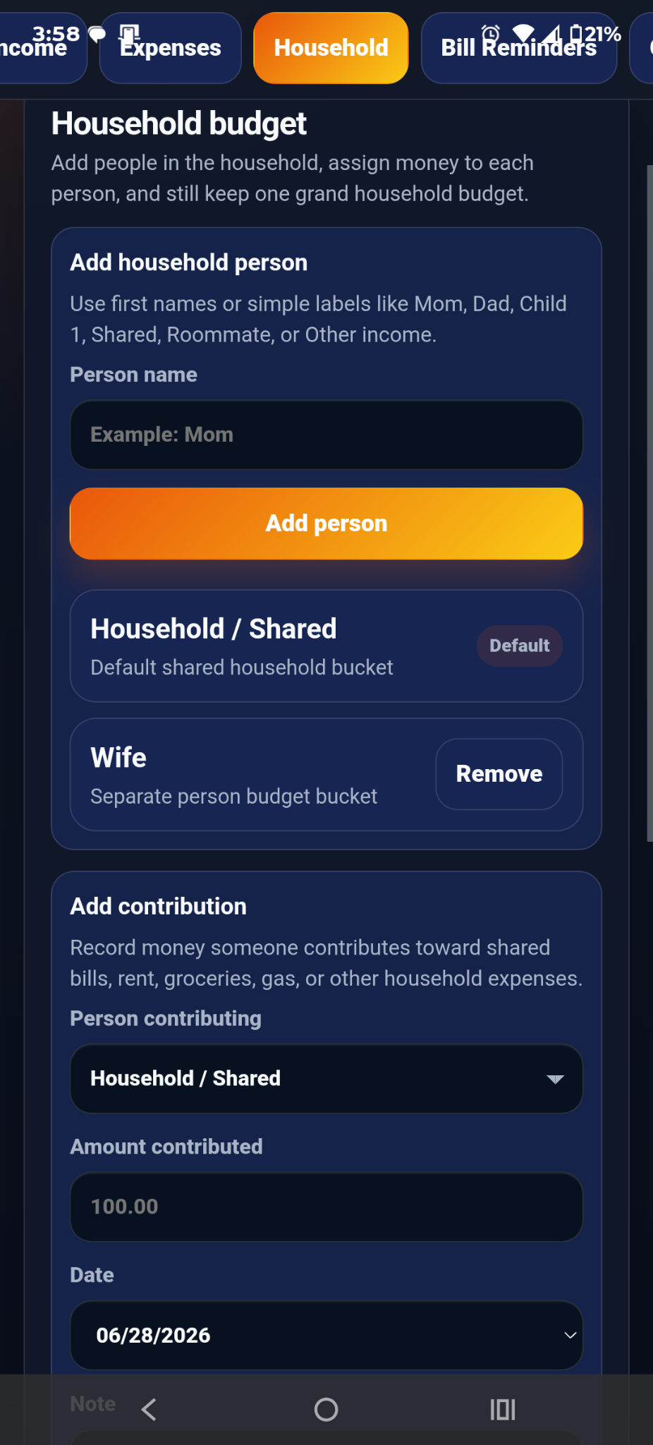 Household tab add person and contributions