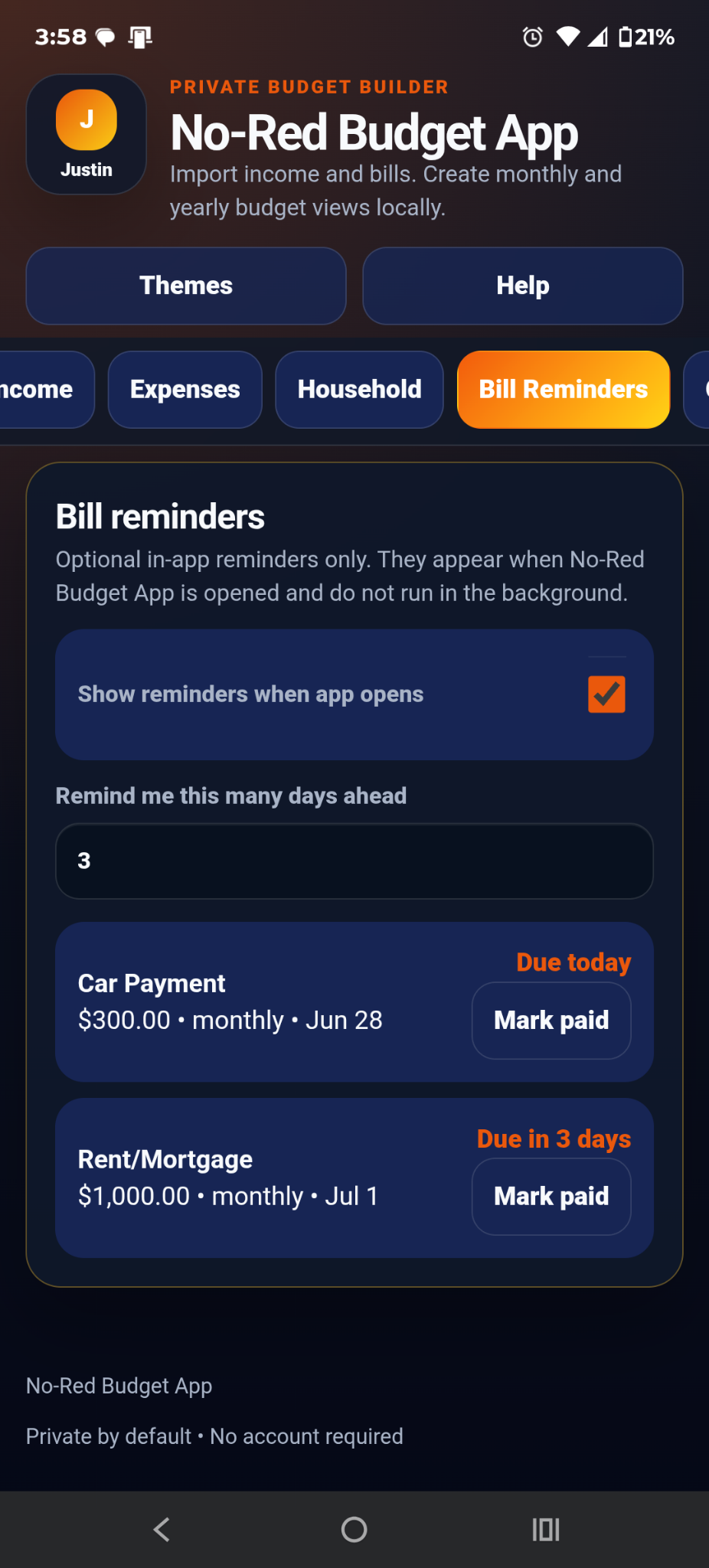 Bill reminders and mark paid actions