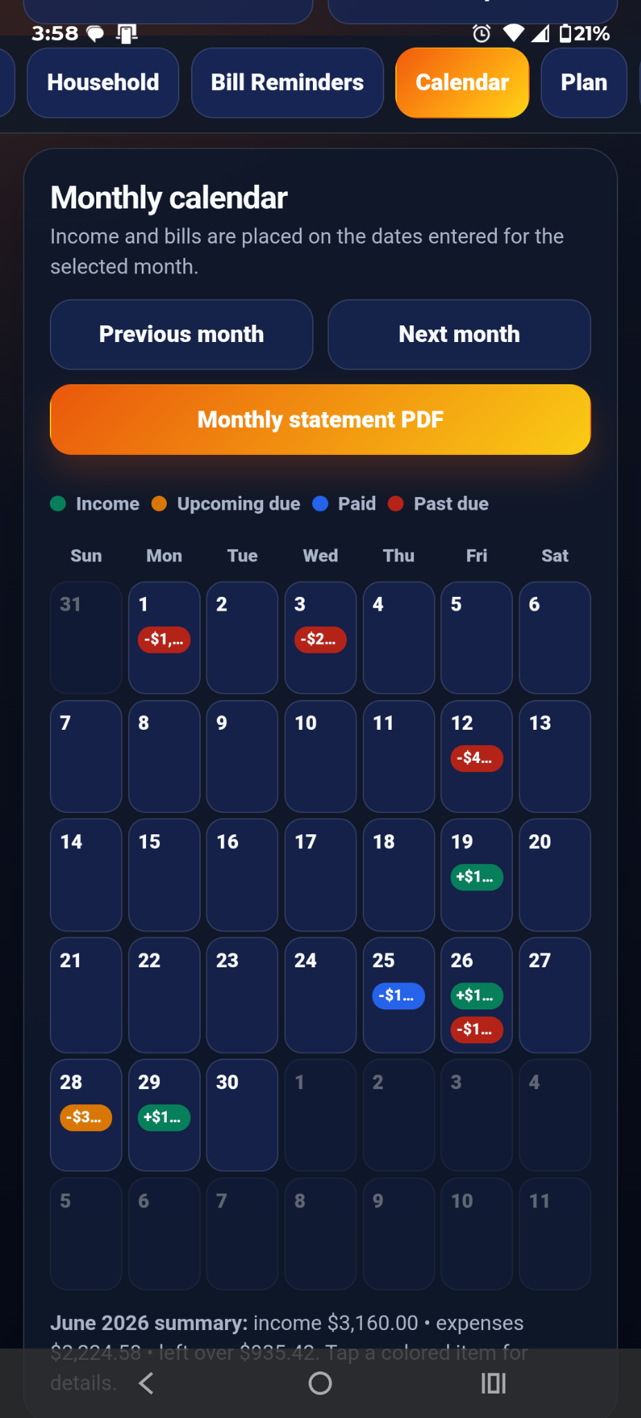 Monthly calendar with due and paid markers