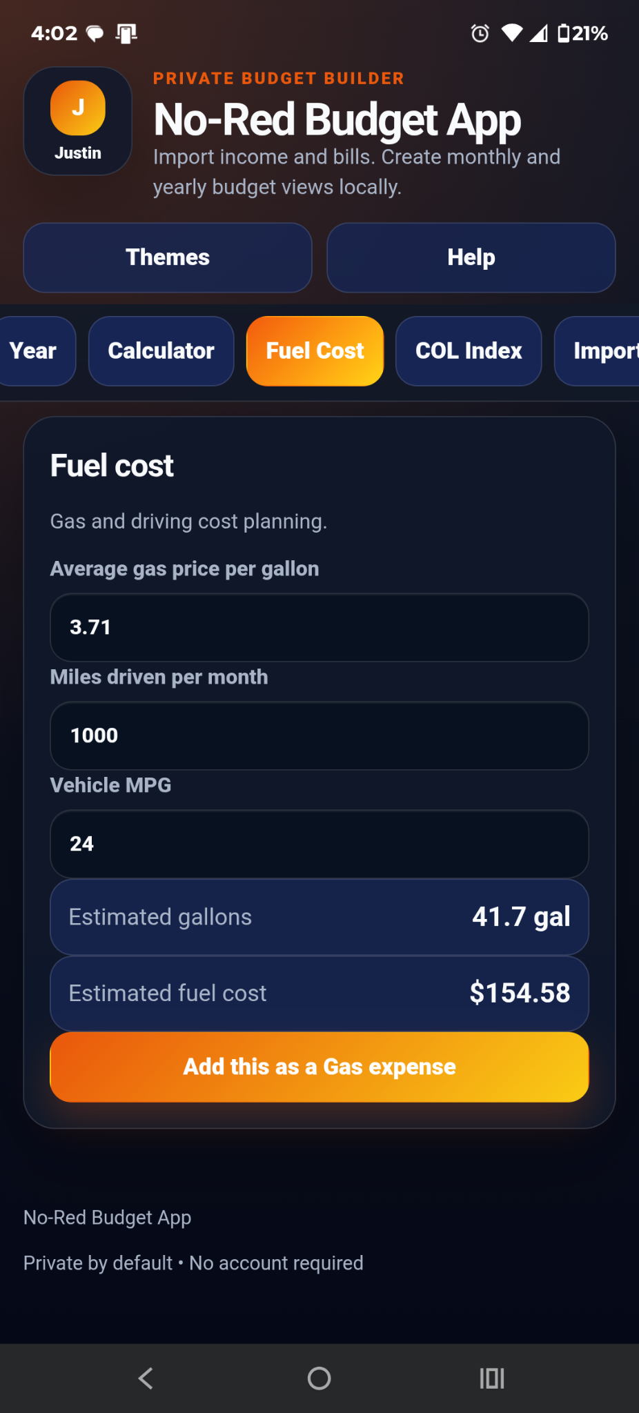 Fuel cost planning tool
