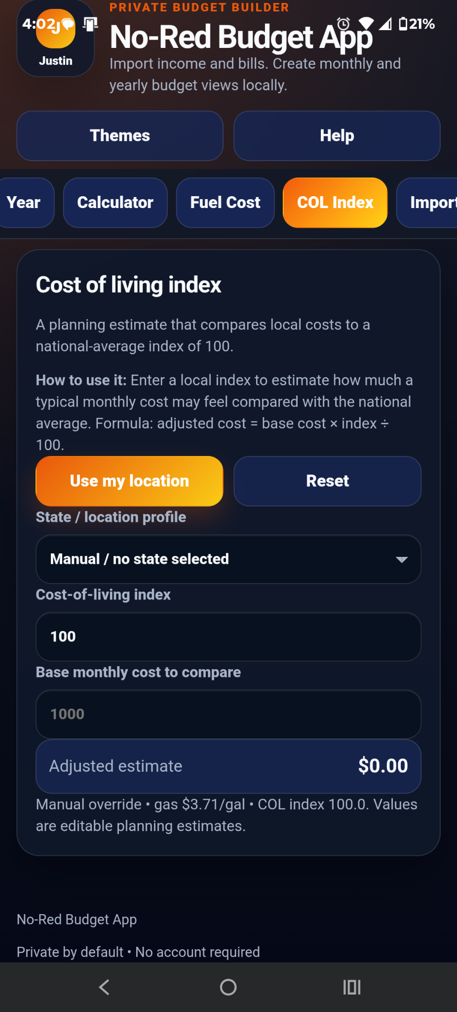 Cost of living index tool