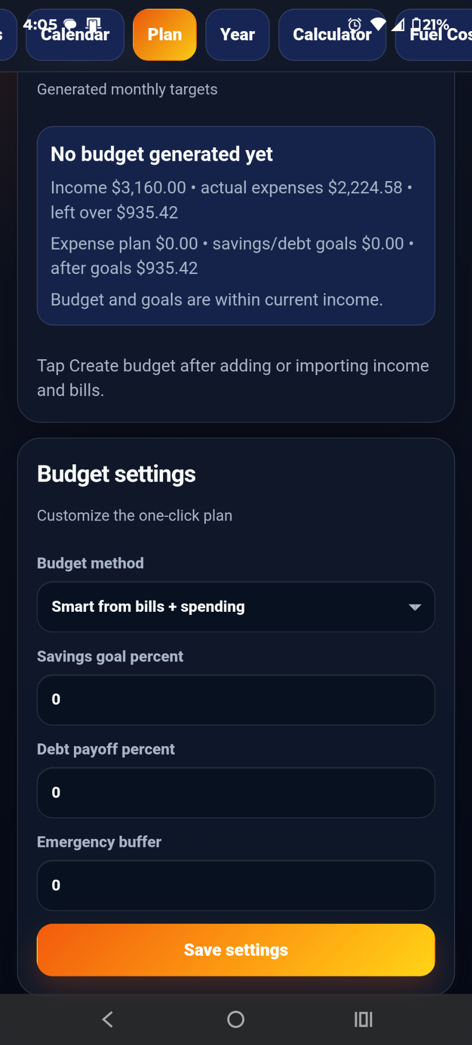 Budget plan settings